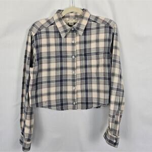 Eddie Bauer Beige Blue Plaid Cropped Button Down Flannel Shirt Sz L